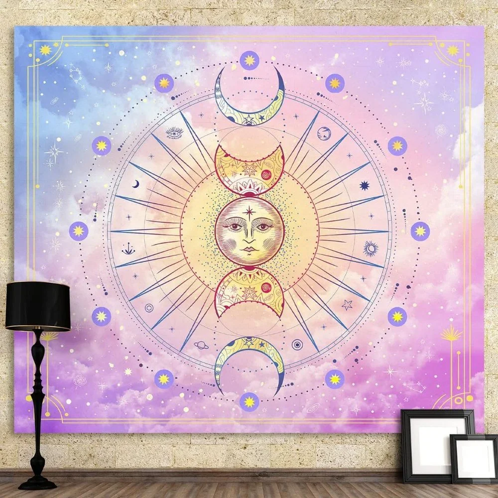 Pink Space Tapestry Wall Hanging Sun Moon Stars Psychedelic Hippie Wall Tapestry